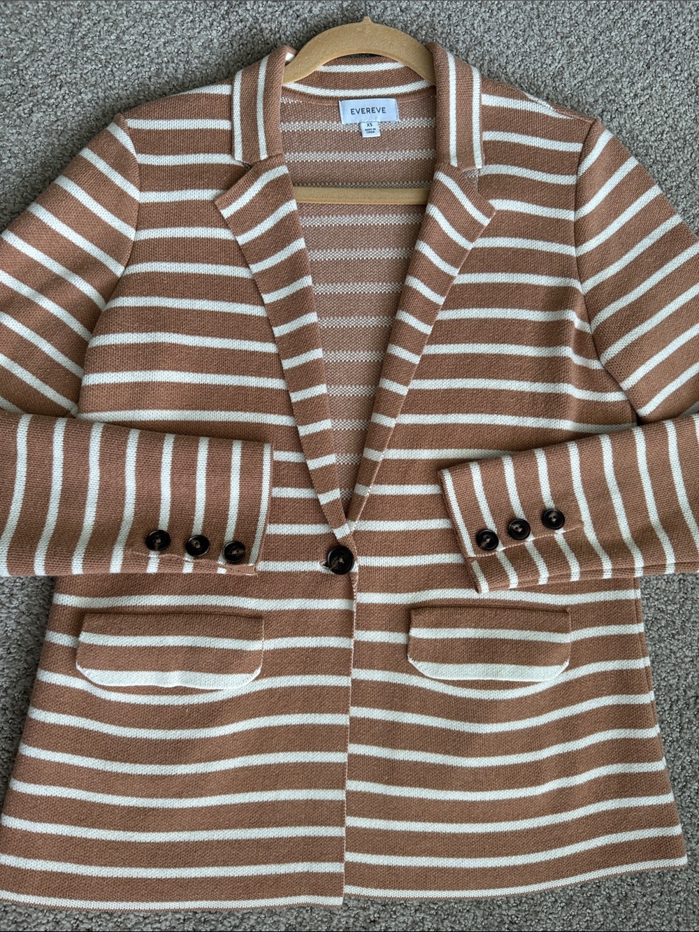 Evereve Tan and White Striped Knit Blazer Cardigan